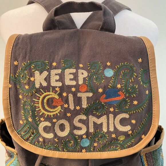 Earthbound Cotton Backpack Gray Bag Keep it Cosmic Embroidered Artsy Hippie BOHO - Picture 3 of 7